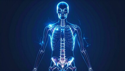 Digital human skeletal system glowing in blue with anatomical accuracy on dark background for editorial medical photography anatomy decor and poetic resilience-themed visuals