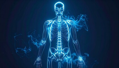 Digital human skeletal system glowing in blue with anatomical accuracy on dark background for editorial medical photography anatomy decor and poetic resilience-themed visuals