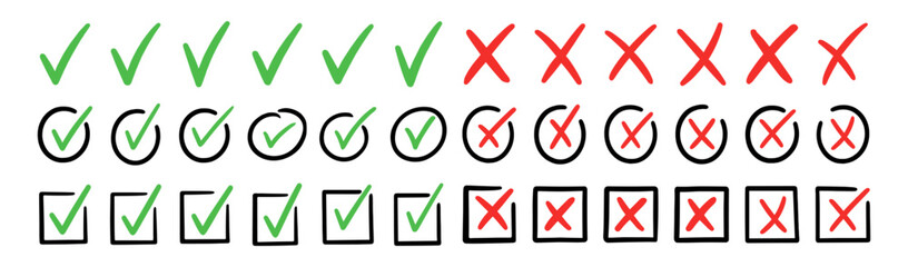 Hand drawn doodle checkmark and cross icons set checklist marks in box and circle grunge brush style vector illustration © Виталий Опришко