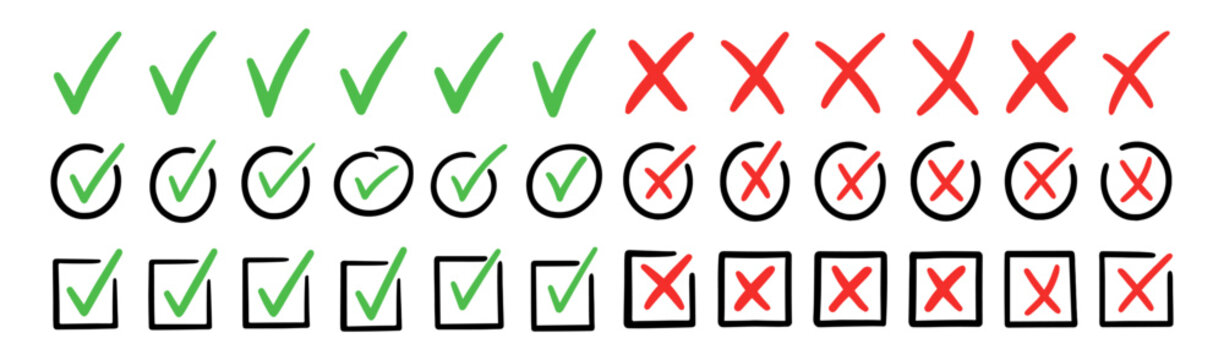 Hand drawn doodle checkmark and cross icons set checklist marks in box and circle grunge brush style vector illustration