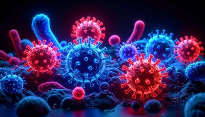 Digital virus particle rendering with red and blue spikes in cellular environment for editorial medical photography virology decor and poetic infection-themed visuals