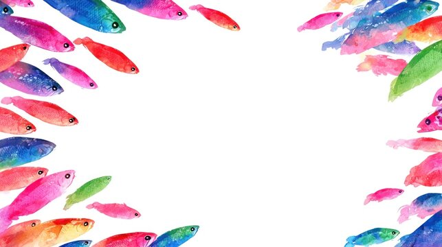 Watercolor illustration of colorful fish swimming artistic background