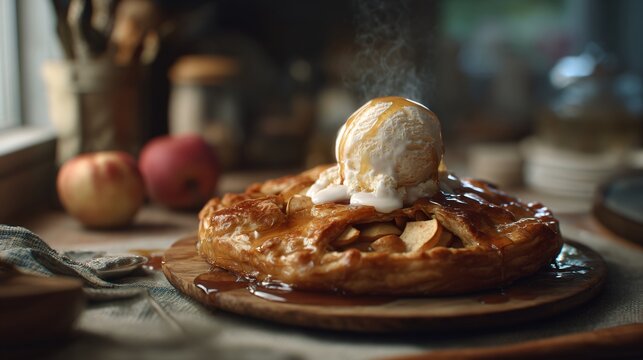 A tasty apple galette with ice cream melting, cozy home scene