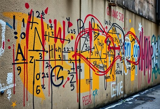 Intricate mathematical equations spray-painted on urban wall, illustration, math