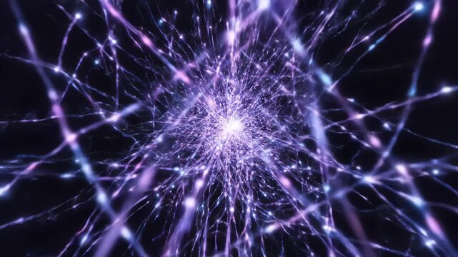 A mesmerizing visual of bright purple and blue energy particles bursting outward and inward against a dark backdrop. The glowing trails create a dynamic and abstract representation of energy.