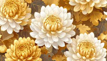 Gold and white chrysanthemum floral pattern with luxury Japanese style
