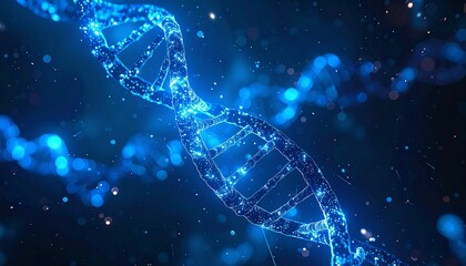 Digital DNA double helix with glowing blue strands and molecular structure on dark background for editorial biotechnology photography genetic decor and poetic life-themed visuals