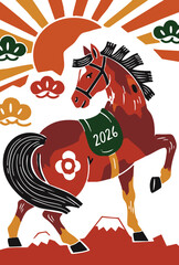 午年の年賀状、ハガキサイズ、手作り感のある馬のリノカット風イラスト、お正月モチーフの温かいデザイン