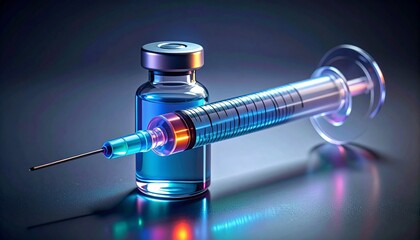 Futuristic syringe and vial with glowing blue-purple liquid on dark background for editorial medical technology photography biotech decor and poetic innovation-themed visuals