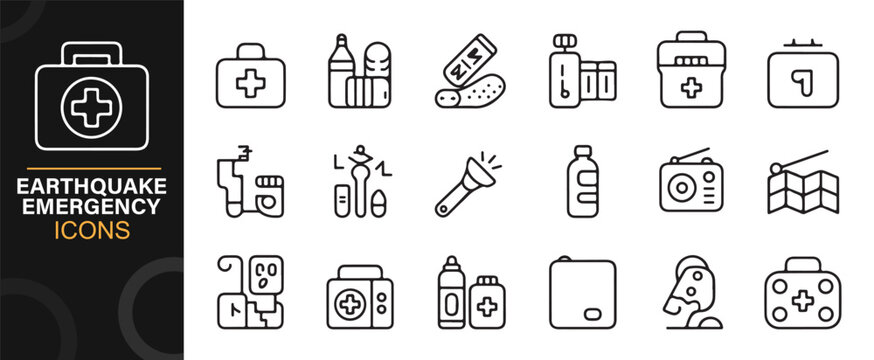 Emergency preparedness icons pack showing survival kits, radios, and flashlights