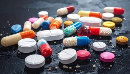 Assorted pills and capsules in various colors and shapes scattered on dark surface with bokeh lighting for editorial pharmaceutical photography medication decor and poetic healthcare-themed visuals