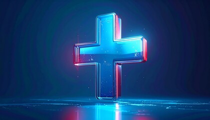 Glowing red cross illuminated on reflective surface against dark blue background for editorial healthcare photography emergency symbol decor and poetic resilience-themed visuals