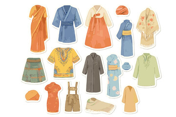 World Clothing Stickers. World clothing collection. Realistic hand-painted watercolor style sticker sheet of