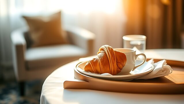 cuo. Hotel breakfast tray with croissant and coffee cup, bathed in morning sunlight. menu design, packaging mockups, designed for food delivery and cloud-kitchen brand materials.