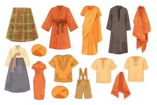 Ethnic Clothing Stickers. Ethnic clothing set. Realistic hand-painted watercolor style sticker sheet of ethnic