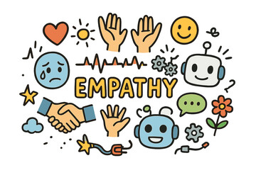 Empathy with Robots. Human empathy toward robots. Hand-drawn doodle illustration of human empathy toward