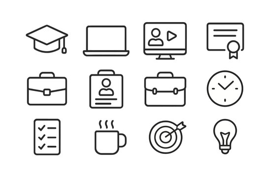 Career Preparation Icons. Career preparation. Line outline icon set of career preparation: graduation cap,