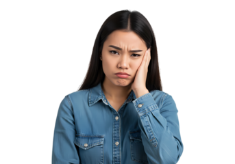 Upset woman with toothache holding cheek in distress