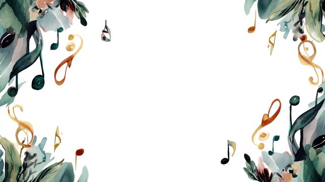 Watercolor musical notes and floral elements on white background