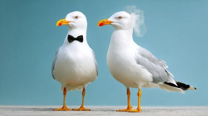 Two seagulls standing next to each other, one wearing a bow tie. Concept of humor and playfulness, as the birds are dressed up in formal attire