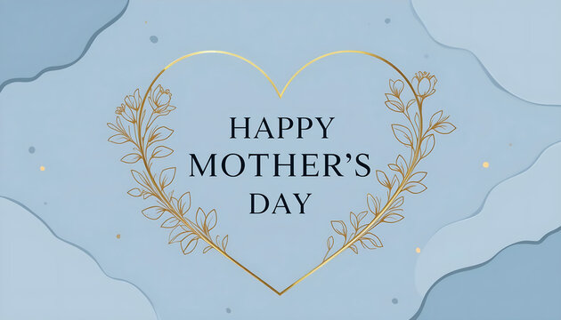 Luxurious 'Happy Mother's Day' text framed inside an intricate golden heart outline, elegantly adorned with hand-drawn botanical elements, set against a soft, layered dusty blue and gray 