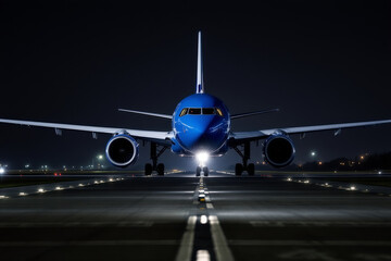 Fototapeta premium Airplane on Runway at Night: Front View of Passenger Jet Ready for Takeoff, Airport Lights, Aviation Photography