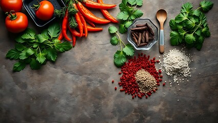 Asian ingredients arranged on a stone surface, showcasing fresh herbs and spices with vibrant colors.
