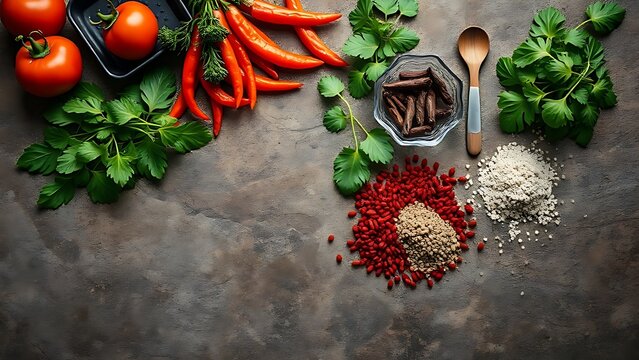 Asian ingredients arranged on a stone surface, showcasing fresh herbs and spices with vibrant colors.