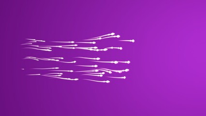 A group of bright white spermatozoa move dynamically across a vibrant purple background in this minimal 3D composition. The flowing, organic shapes and surreal lighting emphasize motion and biology