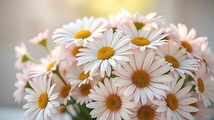 Obraz premium Fresh daisy bouquet bathed in soft sunlight, showcasing delicate pastel petals.