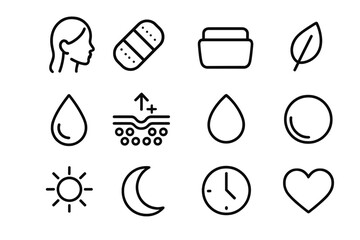 Skin Recovery Icons. Skin recovery. Line outline icon set of skin recovery: face profile, bandage, cream jar,