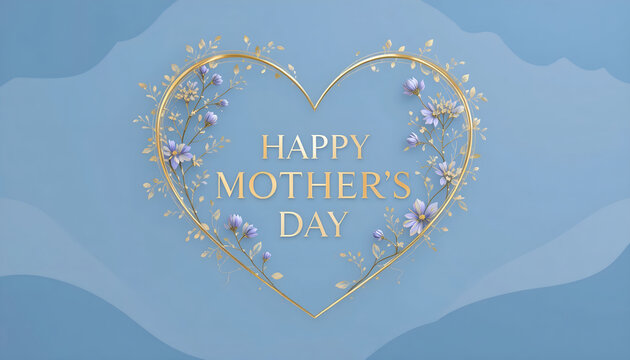Luxurious 'Happy Mother's Day' text framed inside an intricate golden heart outline, elegantly adorned with hand-drawn botanical elements, set against a soft, layered dusty blue and gray 