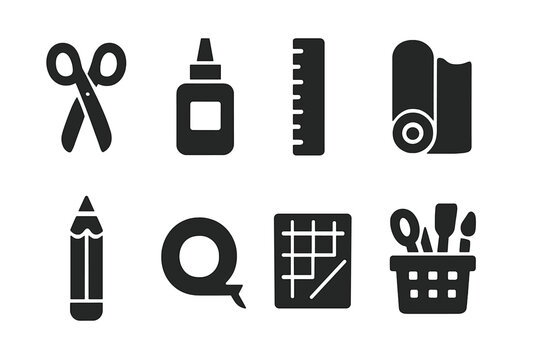 Craft Supplies Icons. Craft Supplies. Filled icon set of Craft Supplies: scissors, glue, ruler, paper roll,