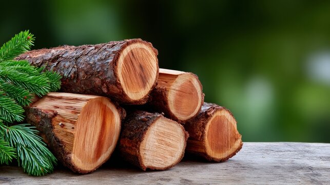 A pile of wood logs with a green leaf on top. Scene is peaceful and natural