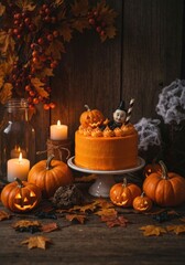Obraz premium Rustic Halloween table with orange cake, carved pumpkins, fall foliage