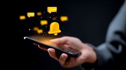 A person holding a smartphone with yellow bell and message bubble icons floating above it