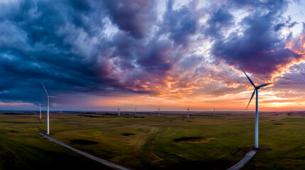 A panoramic view of wind turbines on an open field, with a sunset in the background