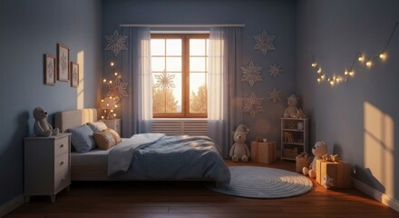 Fototapeta premium Warmly lit blue bedroom with winter decor, cozy bed, teddy bears, gifts