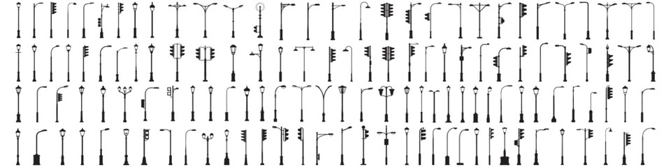 Set of street light silhouettes. Vector Black silhouettes. with white background