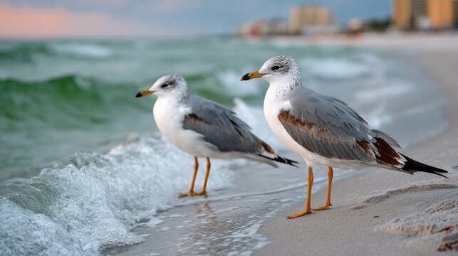 Two seagulls standing on the beach, one of which is looking at the camera. The scene is peaceful and serene, with the birds enjoying the ocean breeze and the sound of the waves
