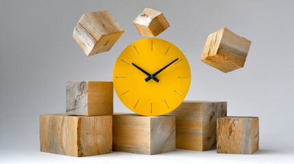 A yellow clock is on top of a pile of wooden blocks. The clock is set at 10:30