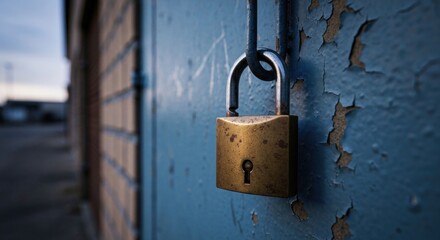 Aged brass padlock secured on a chipped blue door, industrial setting