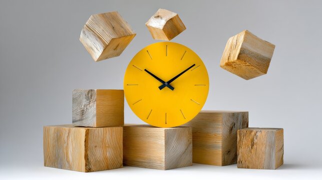 A yellow clock is on top of a pile of wooden blocks. The clock is set at 10:30
