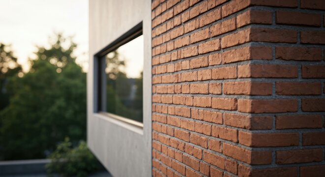 Close-up of modern building corner brick, concrete, window, trees