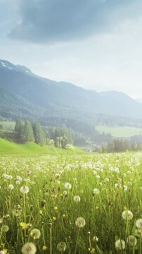 field of spring dandelions in Dolomites, South Tyrol, Italy