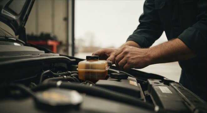 Hands working on car engine, checking fluid levels in a garage