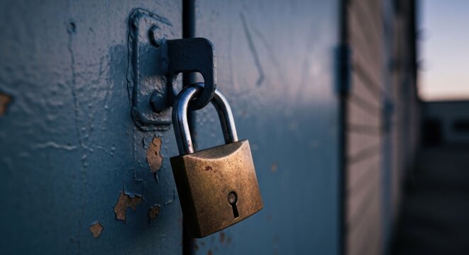 Rustic brass padlock on a peeling blue door, secured at dusk