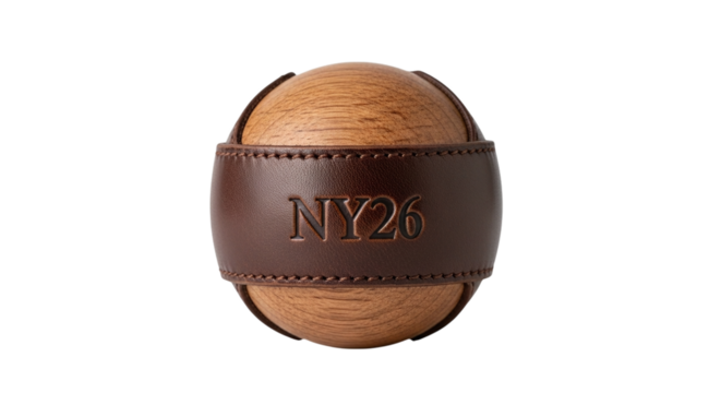 Ny26 wooden ball with leather strap isolated on transparent background a decorative sphere with a rustic touch, perfect for home decor or as a unique gift