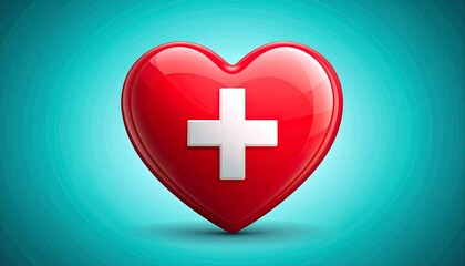 Glossy red heart with white medical cross symbol on turquoise gradient background for editorial healthcare photography emergency aid decor and poetic support-themed visuals