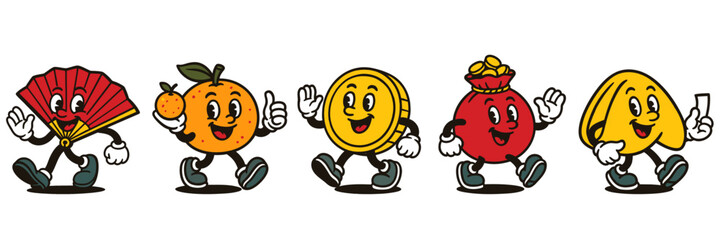Obraz premium Chinese New Year vintage mascots – fan, mandarin, coin, money, fortune cookie